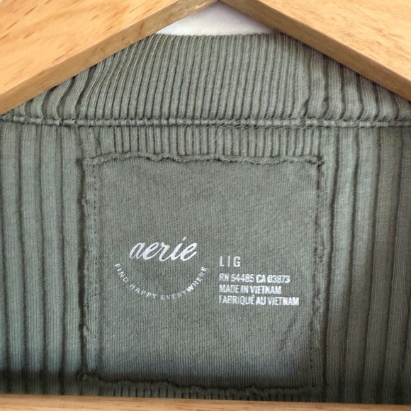 Aerie Green Ribbed Cropped Collared Polo Sweater Long Sleeve Top size Large EUC - Picture 4 of 7
